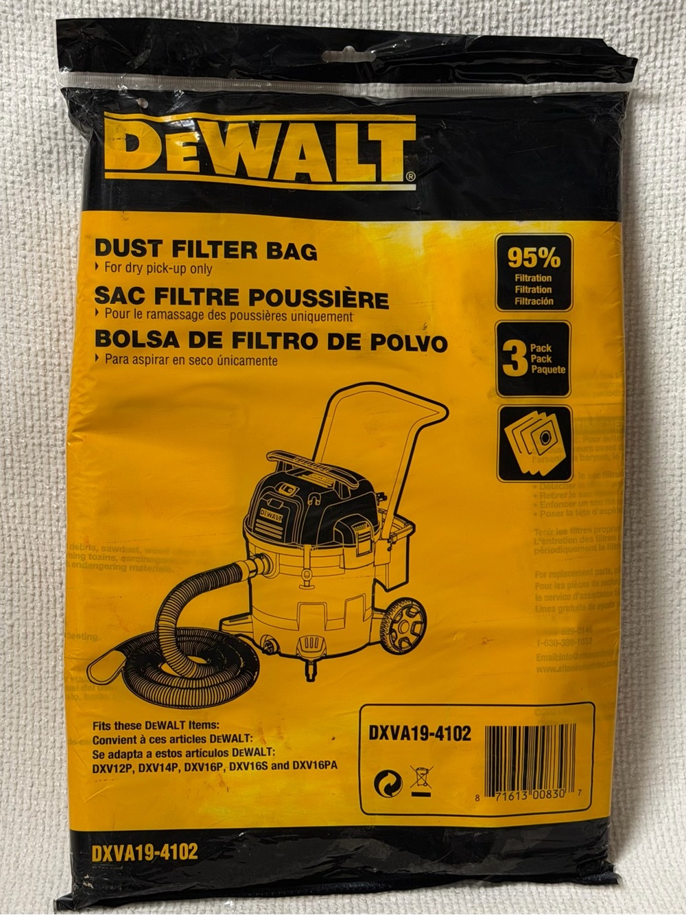 NEW Dewalt Fine Dust Bag 610
Gallon 1 PACKAGE OF 3 BAGS
DXVA19-4111